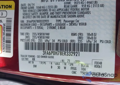 2014 Ford Fusion Se z USA, uszkodzony, nr VIN 3FA6P0H78ER332921